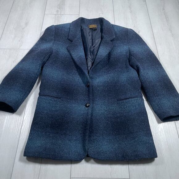Eddie Bauer Women's Blue Plaid Two Butlton Wool Blazer Size M Vintage 90s - Picture 1 of 13
